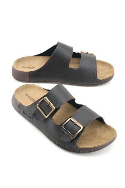 Gezer Naturela Comfort Erkek Yazl?k Suni Deri ?ift Toka Ayarlanabilir Rahat Taban Gnlk Terlik